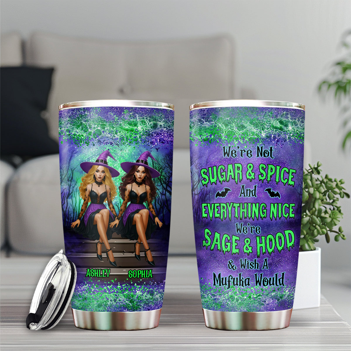Personalized Witch Besties Tumbler – Sage & Hood, Not Sugar & Spice – Funny Halloween Gift for Best Friends