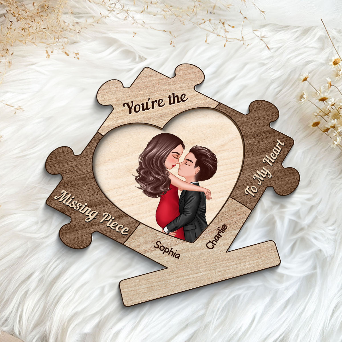 Couple Kissing In Puzzle Piece Personalized 2-layer Wooden Plaque,  Gift For Him, For Her
