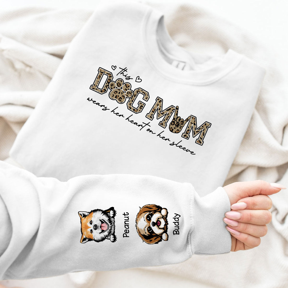 This Dog Mom Wears Her Heart On Her Sleeve, Leopard Pattern, Peeking Dog, Gift For Dog Mom, Fur Mama, Personalized Sleeve Printed Sweatshirt