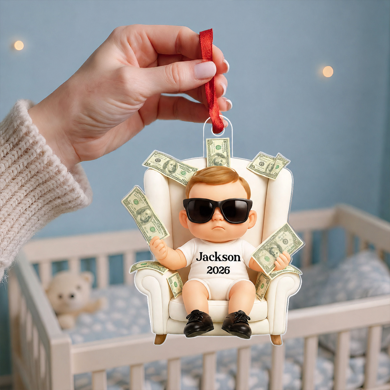 Personalized Funny Kid With Dollar 3D Style Acrylic Ornament, Christmas Gift For Kids, Grandkids
