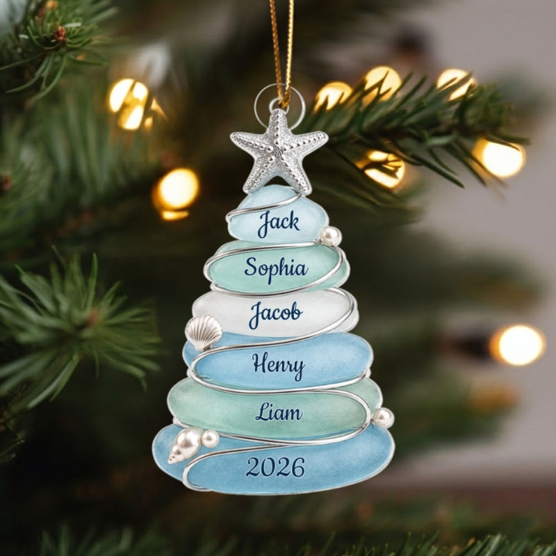 Custom Sea Glass Tree - Personalized Acrylic Ornament - Beach Family Christmas Decor