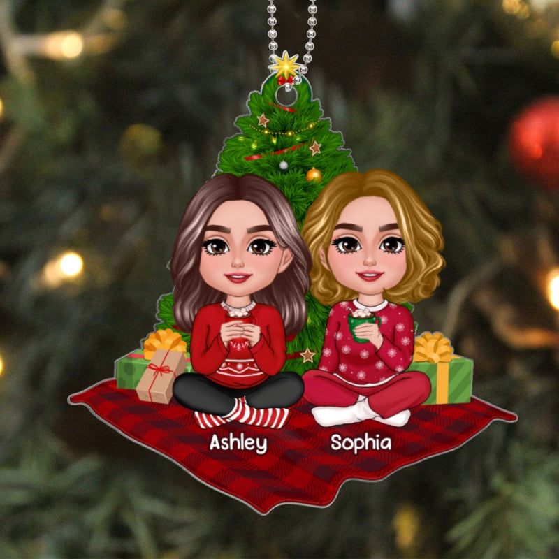 Doll Besties Sisters Sitting On Checkered Pattern Carpet Personalized Acrylic Ornament