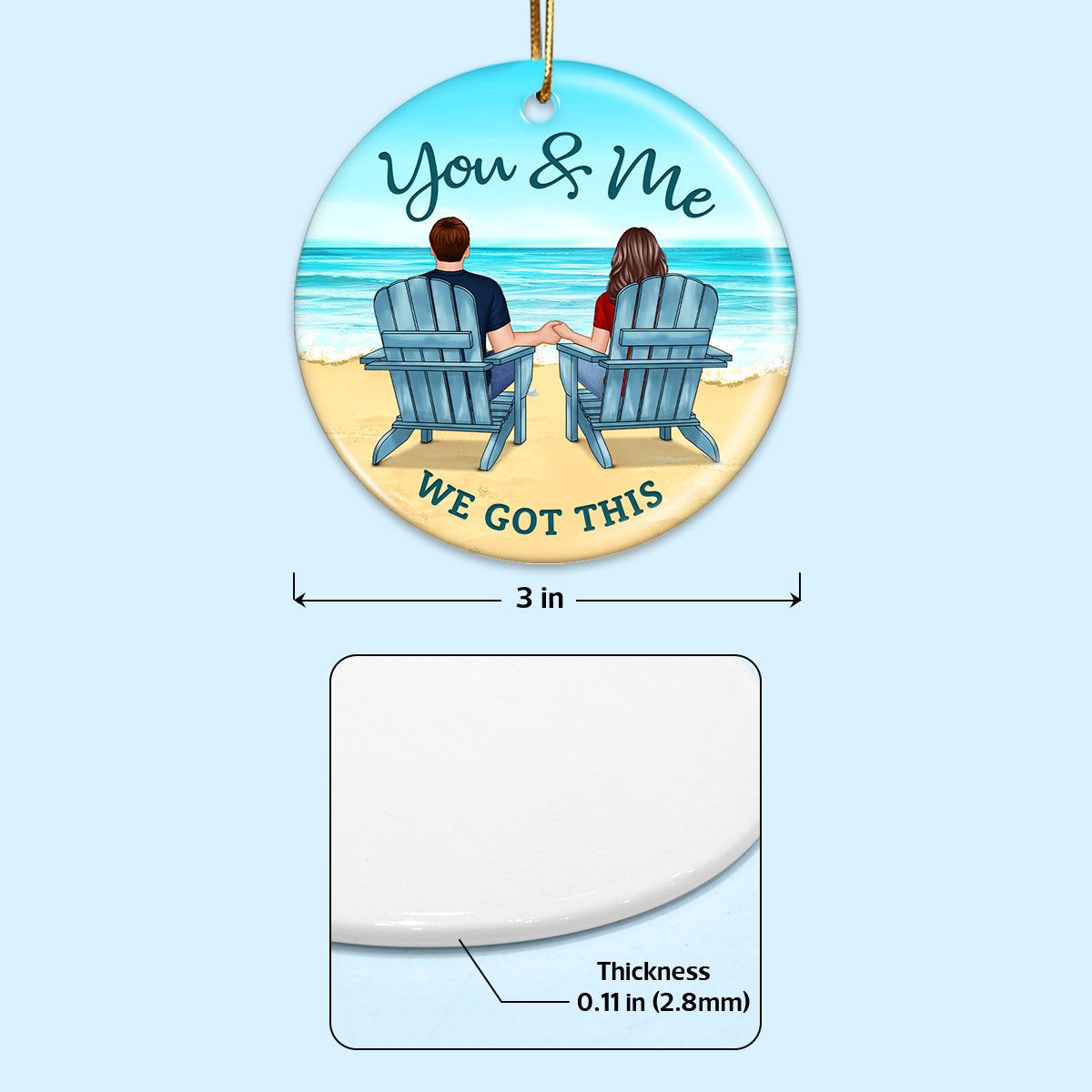 Back View Couple On Beach Names On Sand Tropical Christmas Ornament for Him and Her, Wedding Anniversary Personalized 2-Sided Circle Ornament