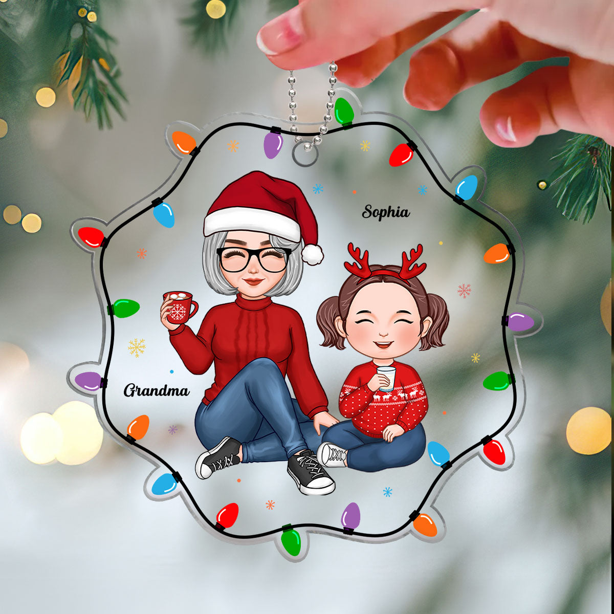 Cute Grandma Grandkid Sitting Inside Christmas Light String Personalized Acrylic Ornament