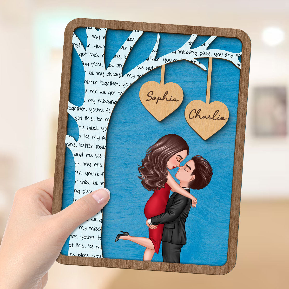 Couple Hugging Kissing Under Text Tree Personalized 2-layer Wooden Plaque,  Gift For Him, For Her