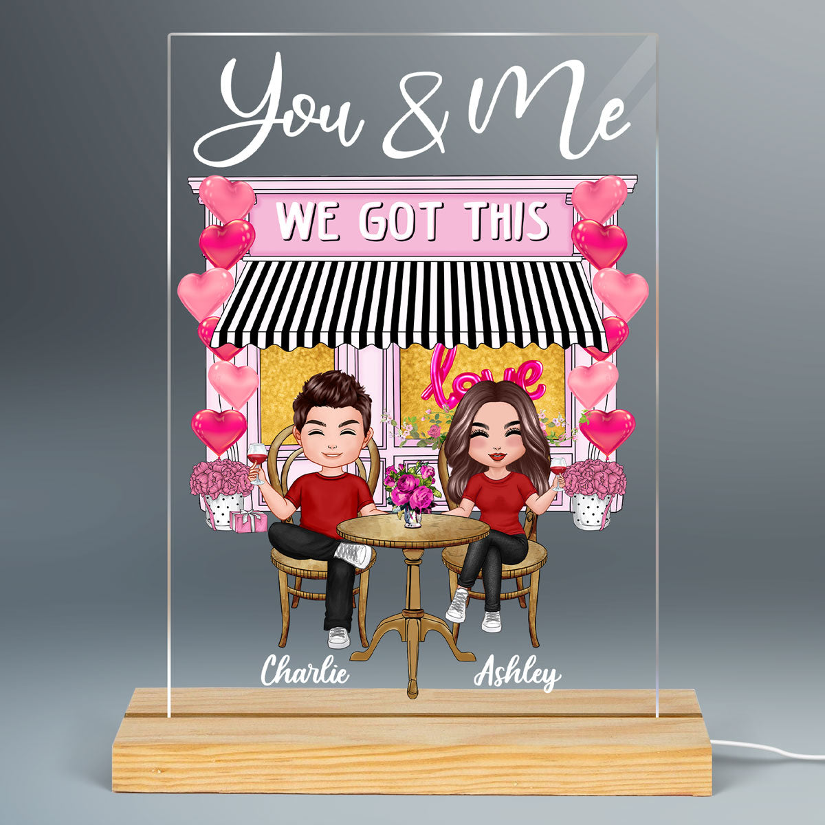Doll Couple Sitting Coffee Shop Personalized Plaque LED Light Night