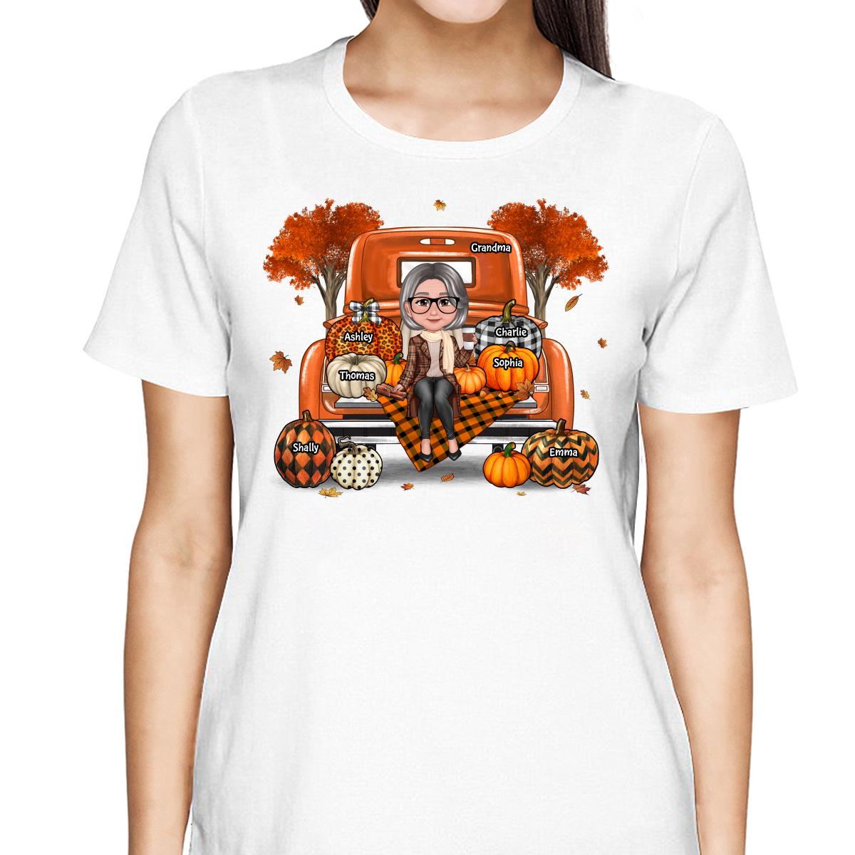 Grandma Mom Sitting On Orange Pumpkins Truck Fall Season Personalized Shirt