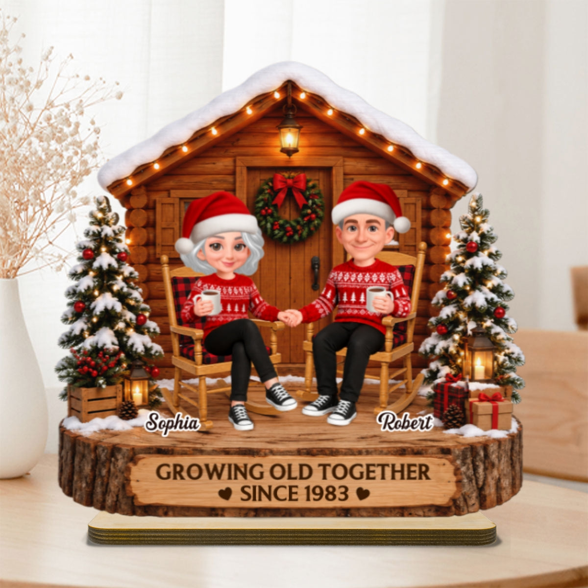 Eternal Love Couple Growing Old Together Wood Cabin House - Personalized 2-Layered Wooden Plaque - Christmas Gift, Anniversary Gift For Couple, For Him, For Her, Christmas Tabletop Decor