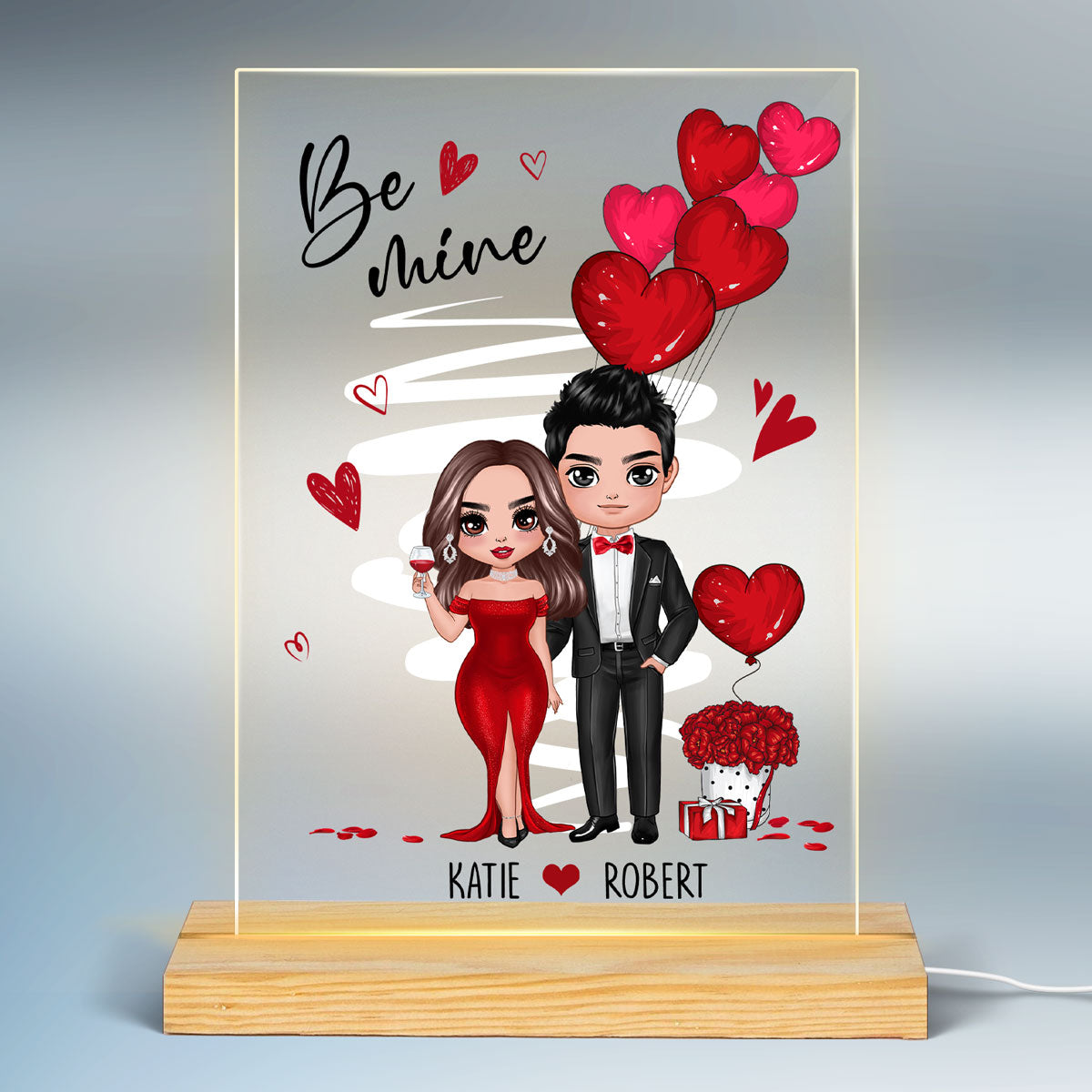 Be Mine Doll Dressed Up Couple Personalized Plaque LED Night Light - Gift For Him Gift For Her