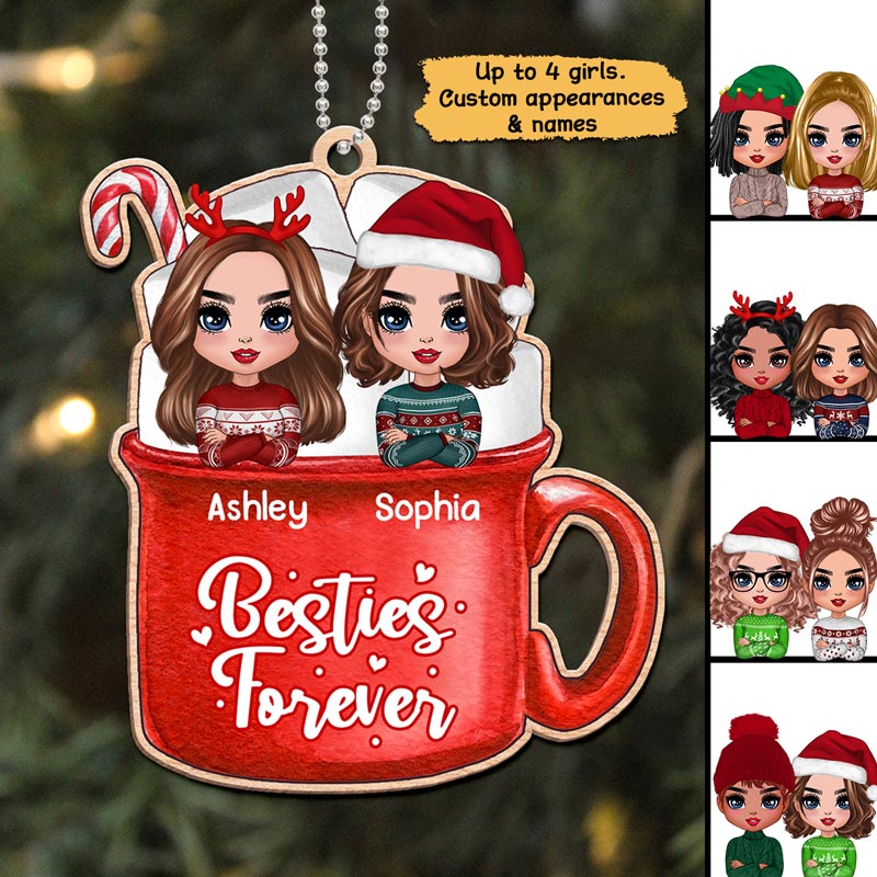 Christmas Doll Besties In Hot Cocoa Marshmallow Cup Personalized Wooden Ornament