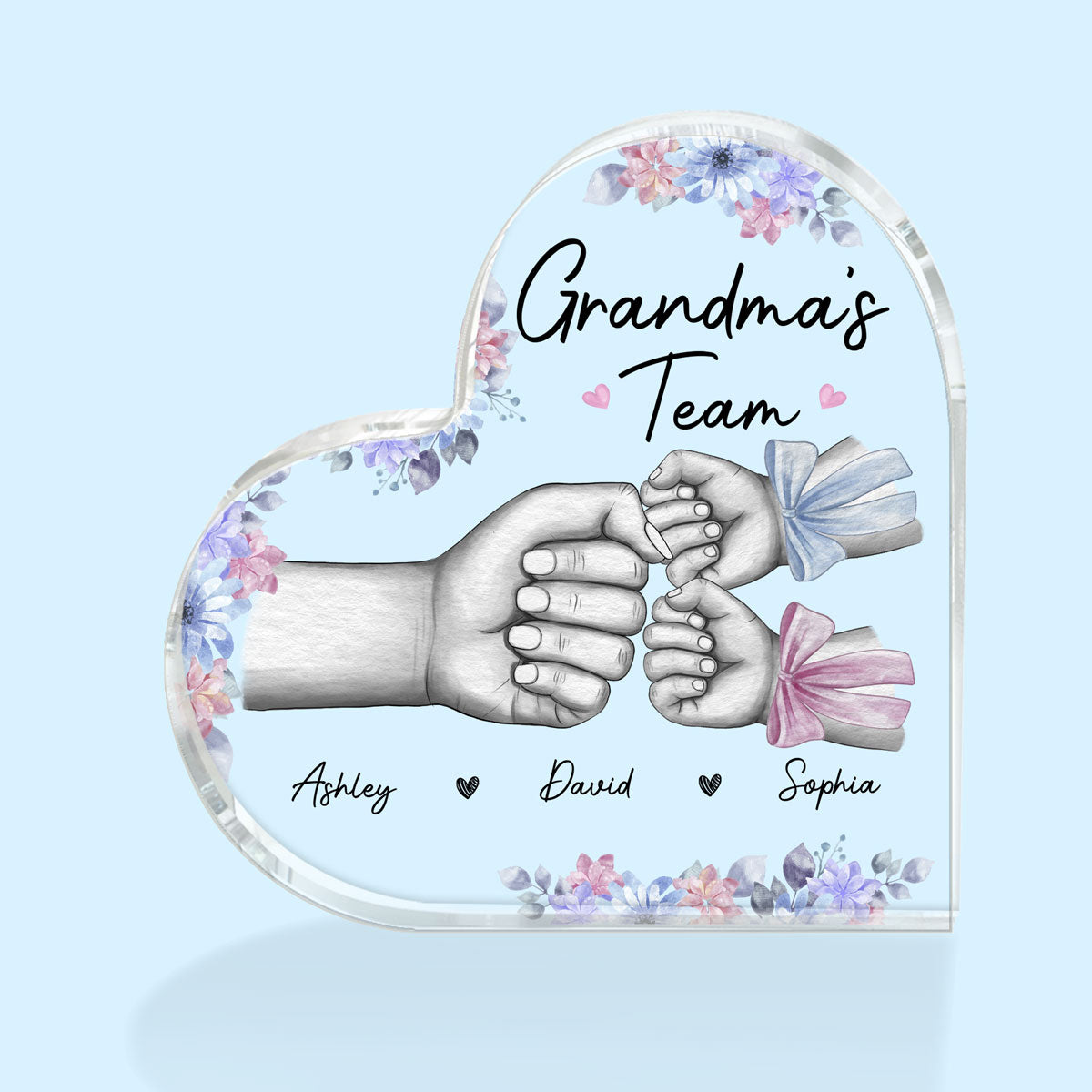 Grandma Mom‘s Team Fist Bump With Bows Personalized Heart Acrylic Plaque