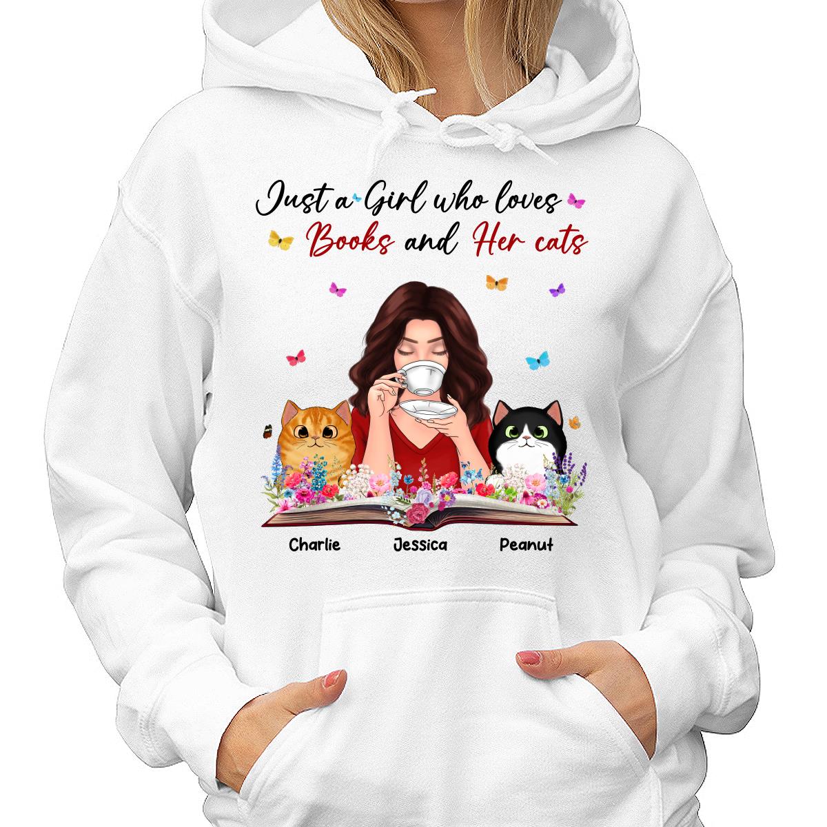 Just A Girl Who Loves Books And Her Cat Coffee Girl With Flowers And Peeking Fluffy Cat Personalized Shirt
