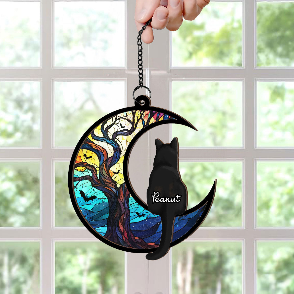 Cats On Moon Personalized Window Hanging Suncatcher, Halloween Decor For Cat Lovers