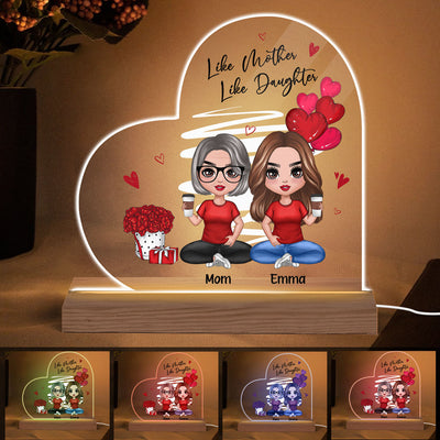 Red Hearts Like Mother Like Daughters Doll Mom And Daughters Sitting Gift For Mom Daughters Personalized Custom Shape Acrylic Plaque LED Night Light