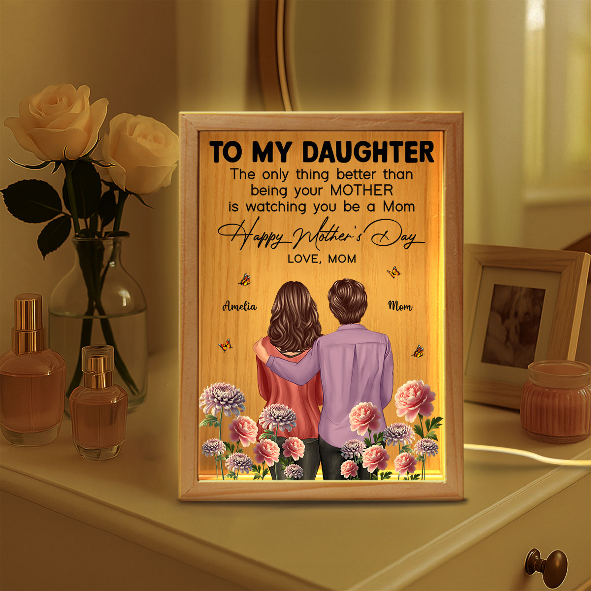 To My Daughter From Mom Happy Mother's Day Birth Flower Personalized Wooden Frame LED Light Box, Gift For Daughter