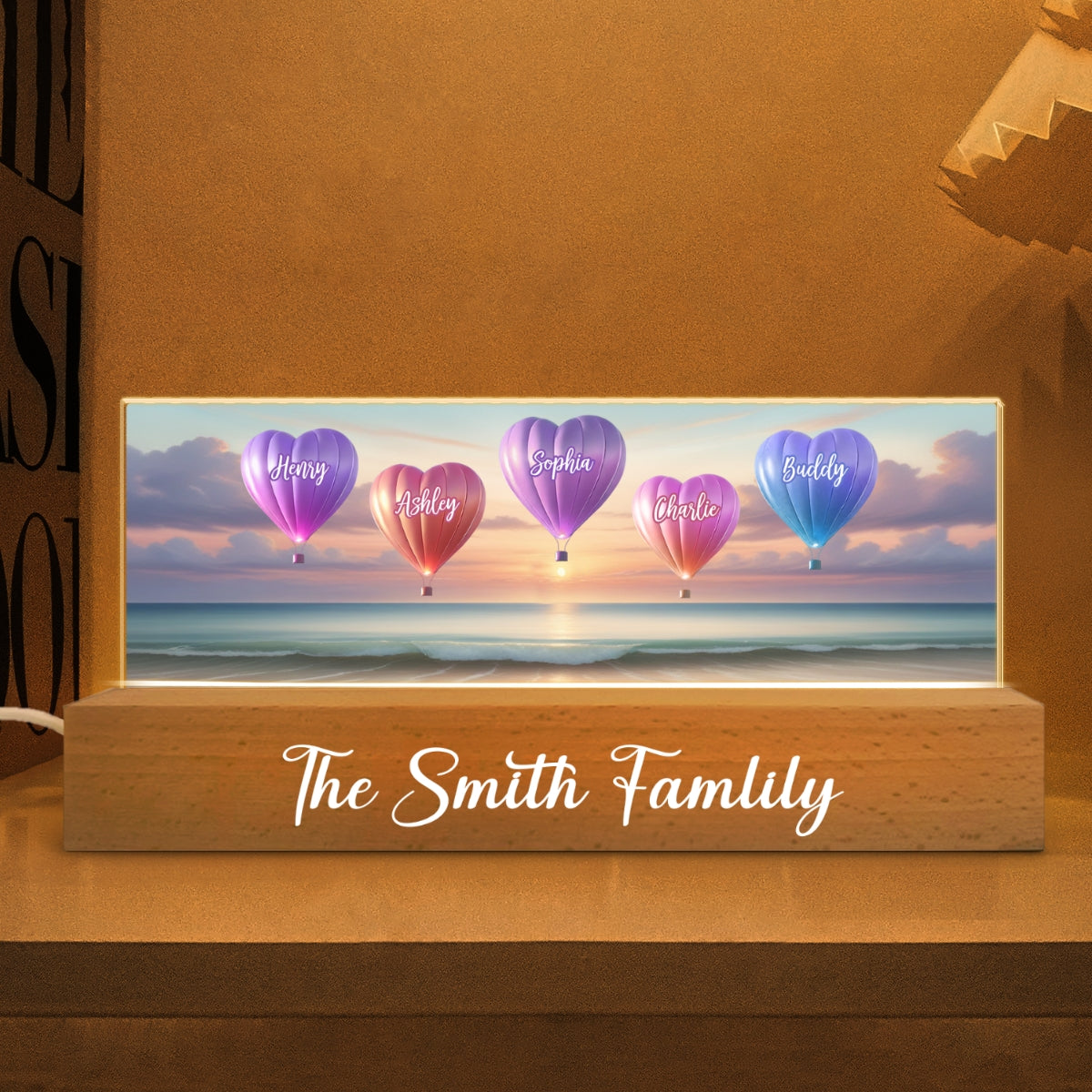 Personalized Family Heart Air Balloons At Beach Acrylic Block LED Night Light, Gift for Family, Dad, Mom, Wife, Husband