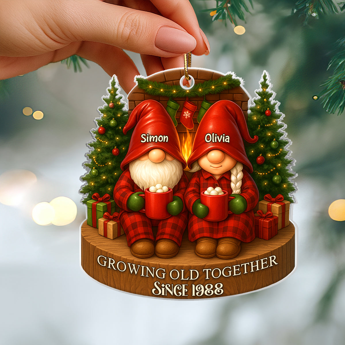 Gnome Couple With Hot Cocoa - Personalized Acrylic Ornament - Special Christmas Gift For Grandma, Grandpa, For Her, For Him