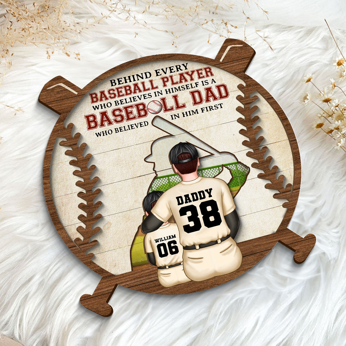 Baseball Dad Behind Every Baseball Player Personalized 2-Layer Wooden Plaque