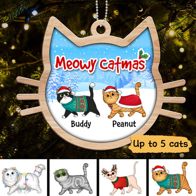 Christmas Walking Fluffy Cats In Cat Shape Personalized Wooden Ornament