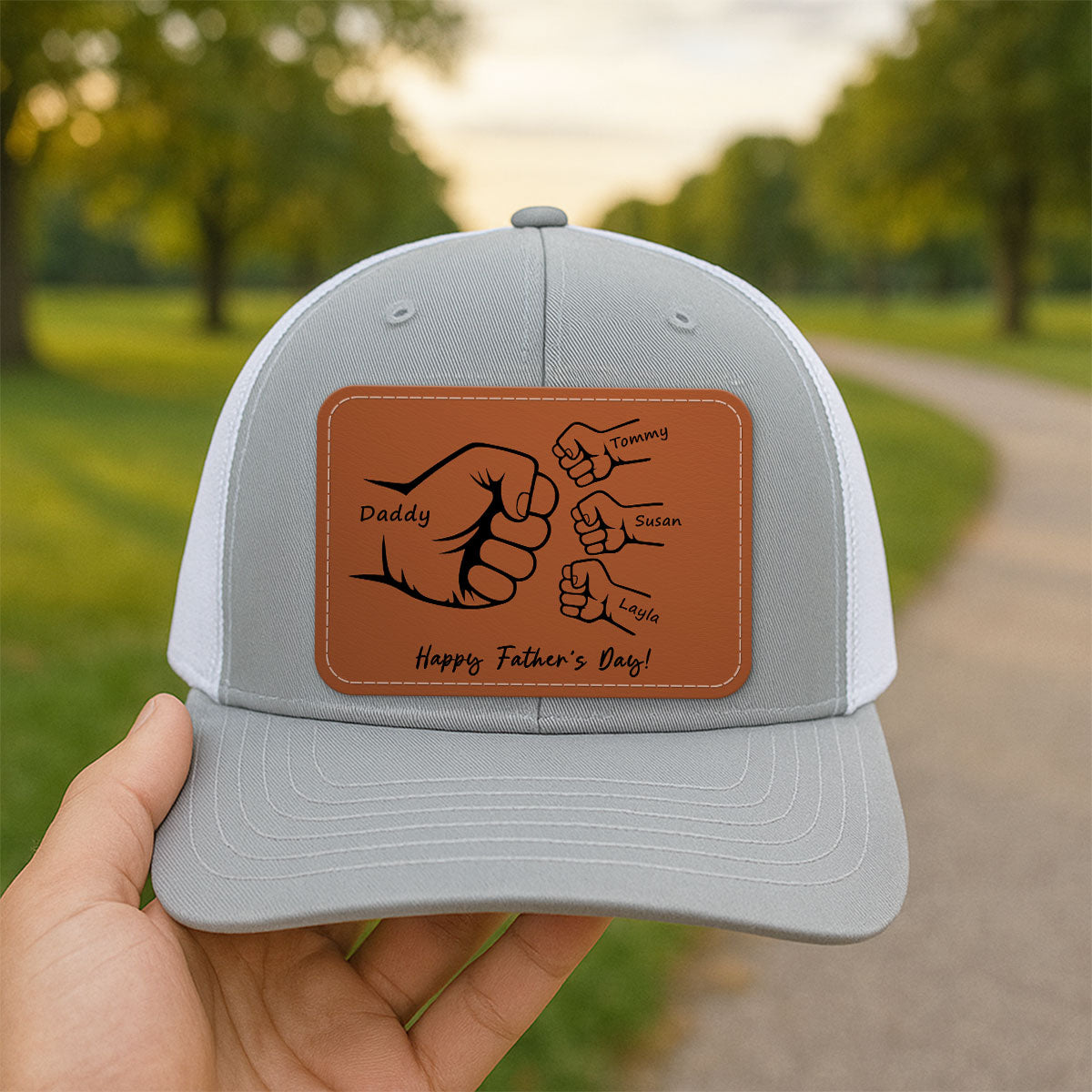 Daddy Grandpa Fist Bump Outline Personalized Leather Patch Hat, Father's Day gift