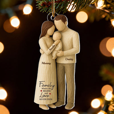 Family Love With Baby Wooden Figurines - Personalized Acrylic Ornament - Heartwarming Christmas Gift For Baby, For Couple, For Family