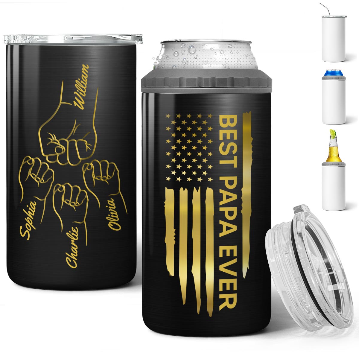 Best Papa Ever Gift For Grandpa Nation Flag Fist Bumps Outline Personalized 4-in-1 Can Cooler