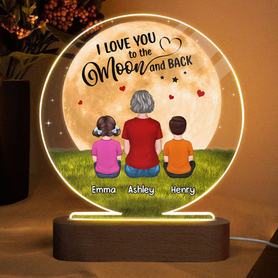 Grandma Mom I Love You To The Moon And Back Back View Woman Sitting With Kids Dogs Cats Personalized Circle Acrylic Plaque LED Night Light