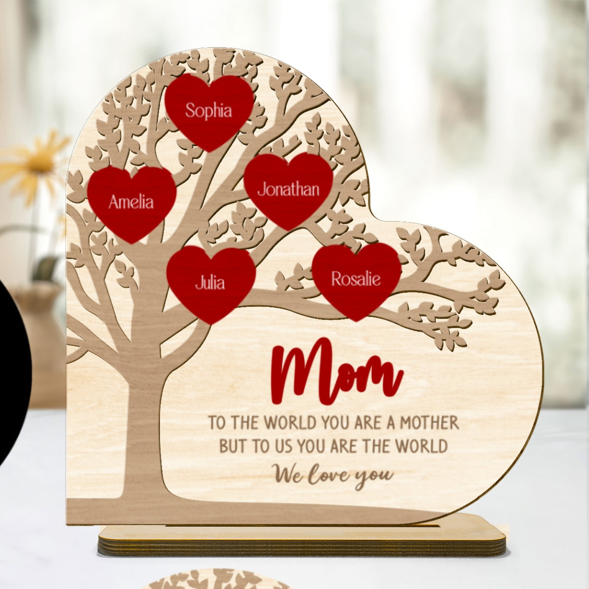 Personalized Family Tree Heart Standing Wooden Plaque, Mother's Day, Birthday Gift for Moms