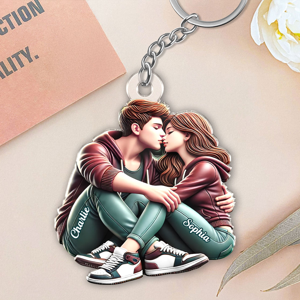 3D Effect Couple Sitting Kissing Personalized Acrylic Keychain, Heartfelt Gift For Couple, For Him, For Her, Boyfriend, Girlfriend, Husband, Wife