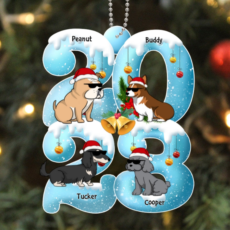 Funny Cartoon Dogs Sitting 2023 Blue Winter Snow Personalized Acrylic Ornament