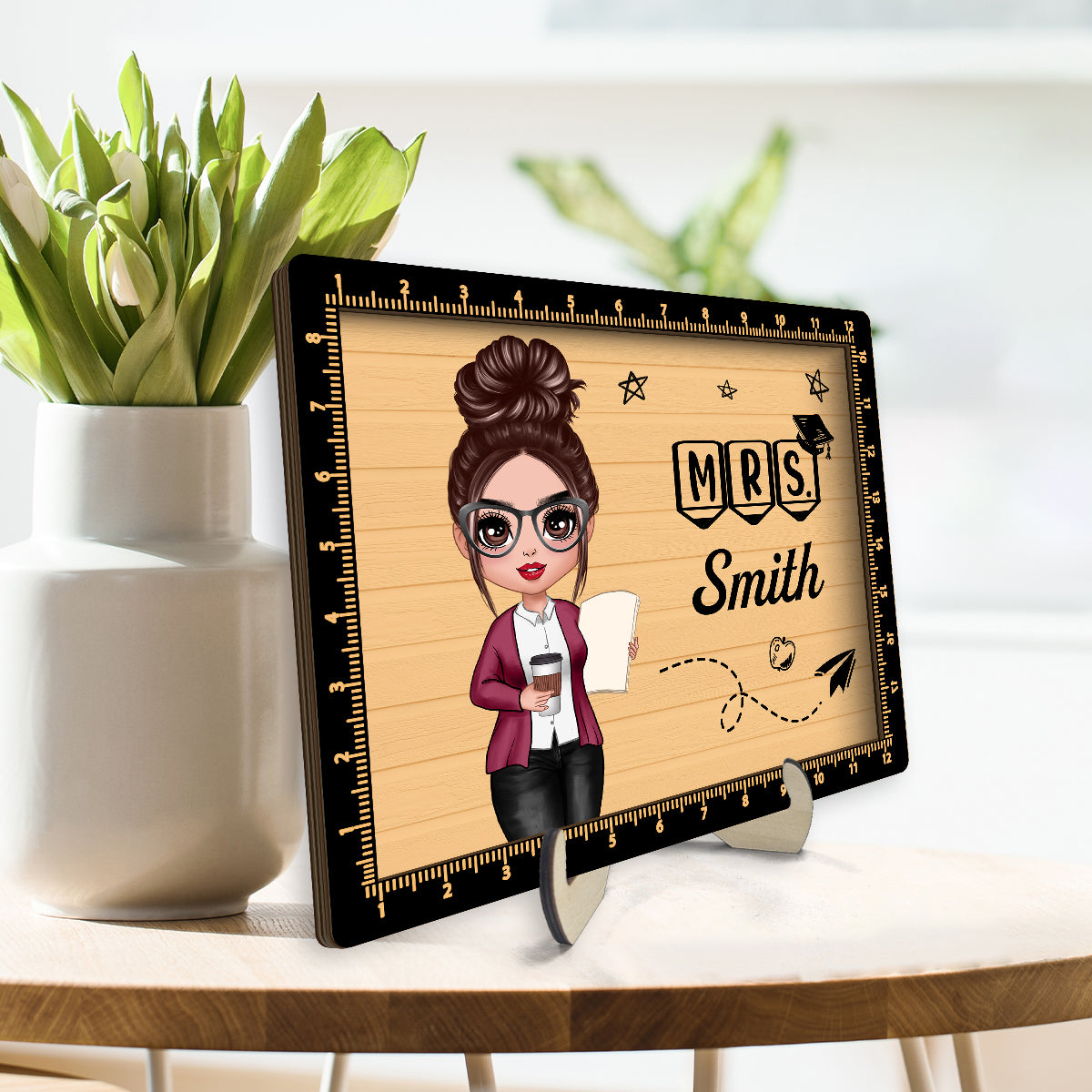 Teacher Sign Ruler Frame Personalized 2-layer Wooden Plaque