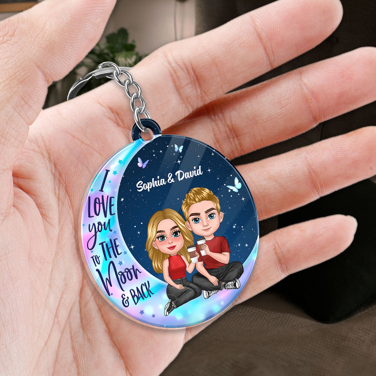 Doll Sitting Together On Galaxy Moon Favorite Song Scannable QR Code Personalized Acrylic Keychain
