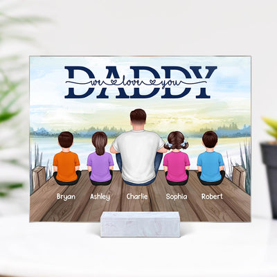 Dad And Kids Sitting Back View Lake Personalized Rectangle Acrylic Plaque