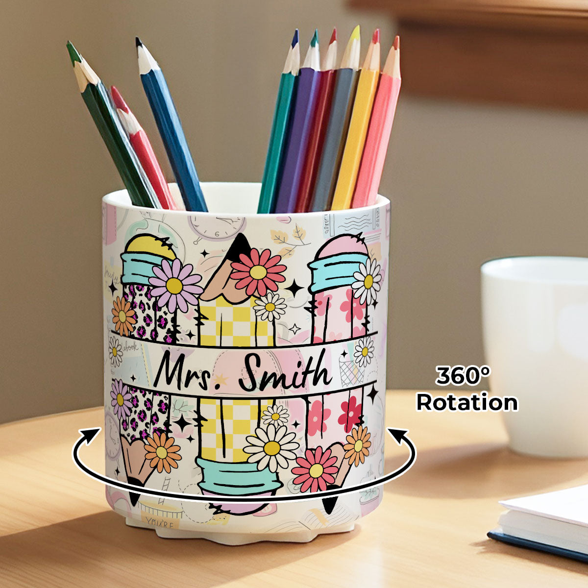 Teacher Life Doodle Pattern Personalized Rotating Pen Holder, Teacher Appreciation Gift, Back To School Gift