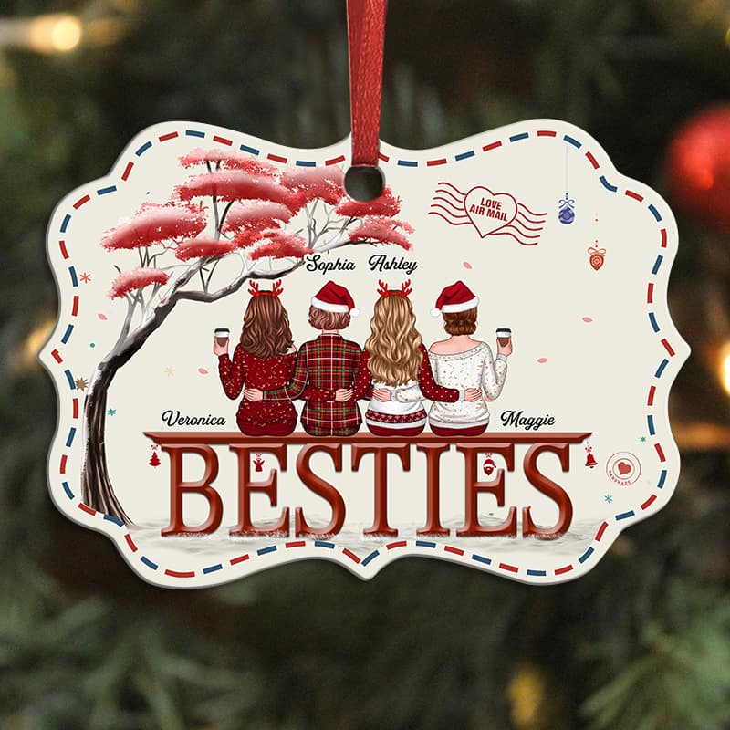 Besties Back View Under Red Tree Envelope Border Personalized Christmas Ornament
