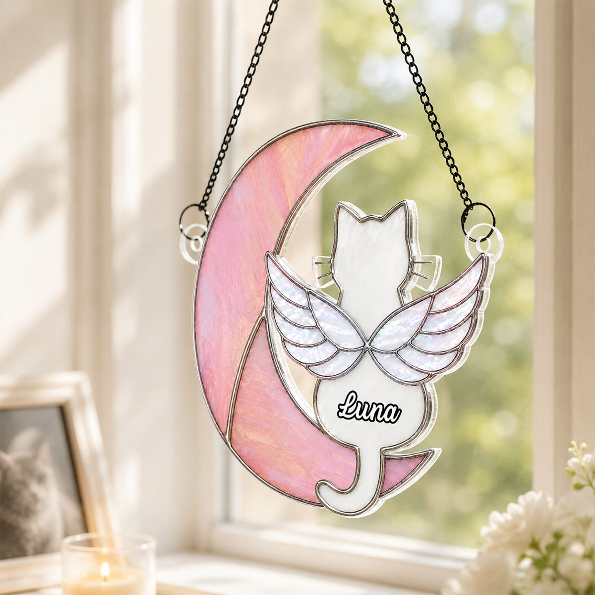 Cat Sitting On Moon Memorial Pet Loss - Personalized Acrylic Window Hanging - Pet Memorial Gift, Pet Loss Sympathy Gift
