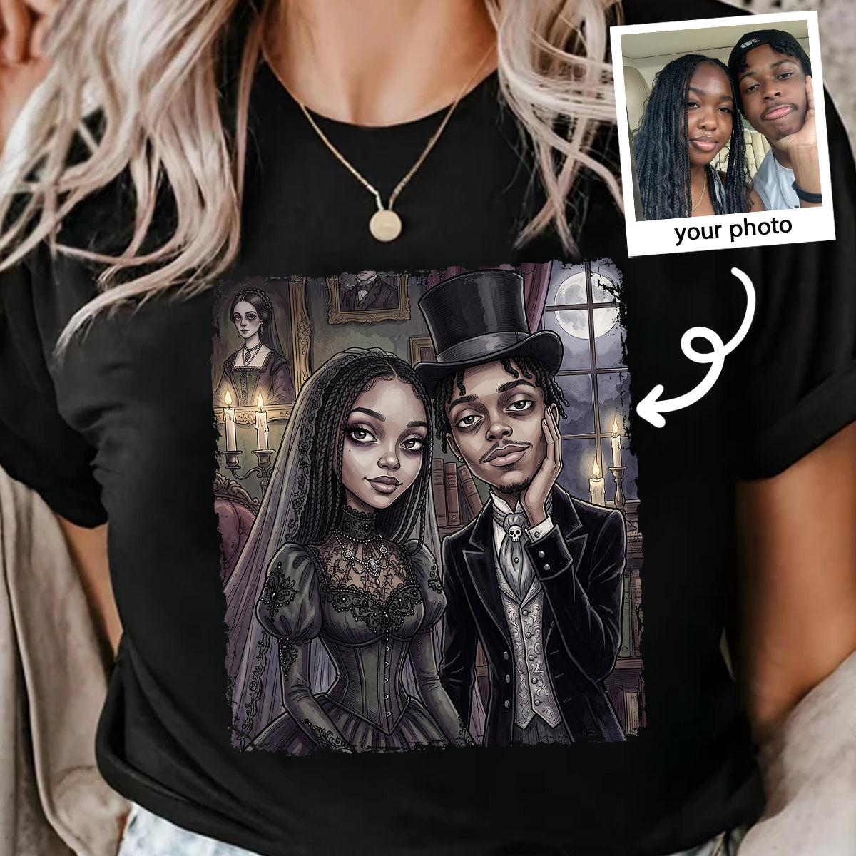Custom Gothic Couple Portrait from Photo - Personalized Shirt - Couple Halloween Matching Shirts, Anniversary Gift for Her, for Him