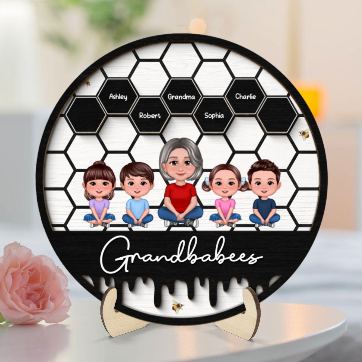 Grandbabees Crossed Legs Grandma Grandkids Sitting Personalized 2-layer Wooden Plaque, Gift For Grandma