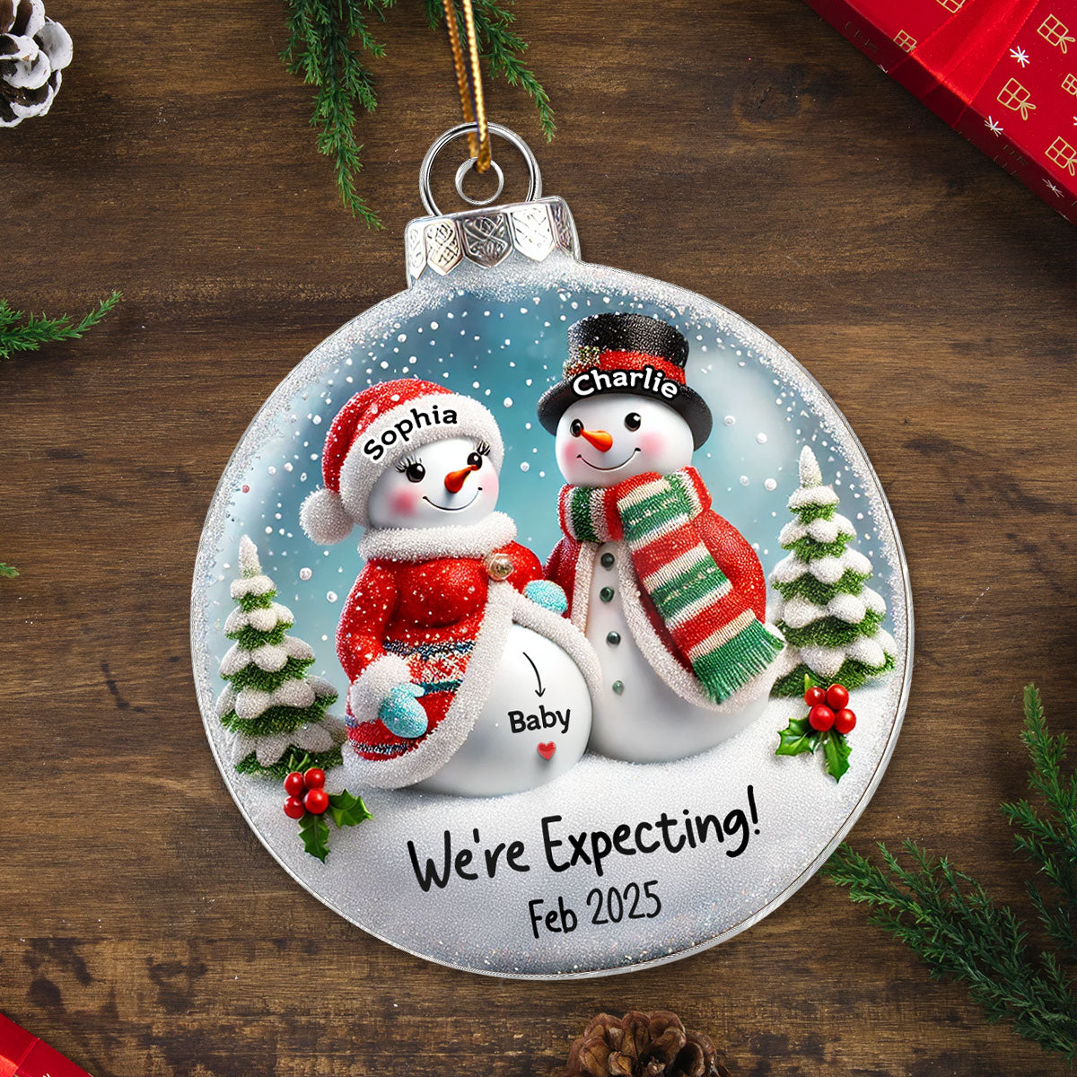 3D Effect Snowman Couple Expecting Parents Pregnancy Announcement Keepsake Personalized Acrylic Ornament
