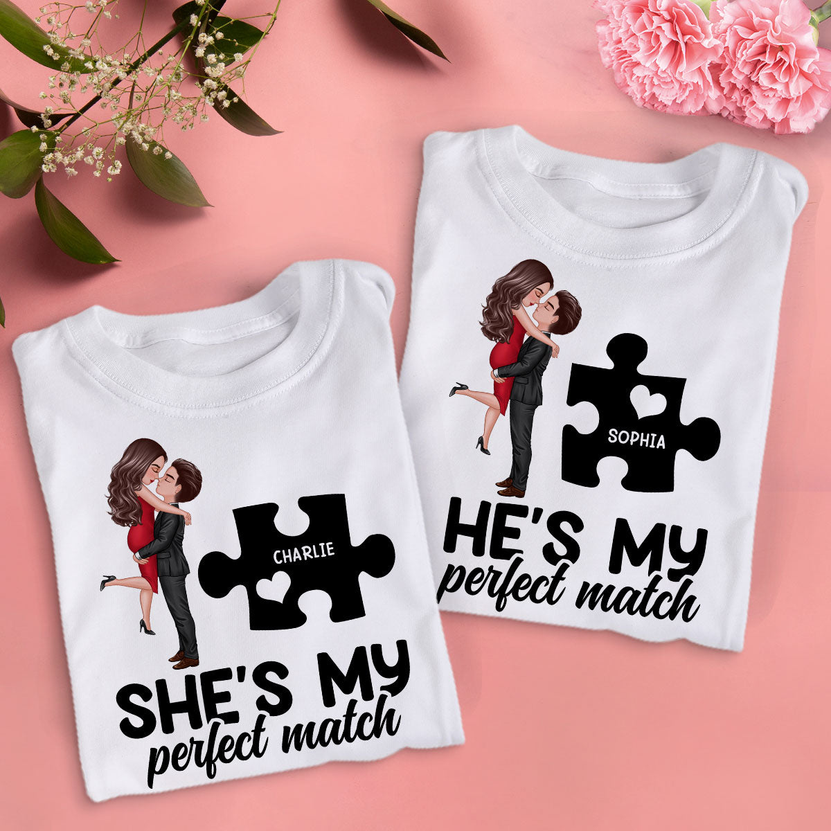 Couple Perfect Match Puzzle Couple Hugging Kissing Valentine‘s Day Personalized Matching Shirts [Set of 2 Shirts]