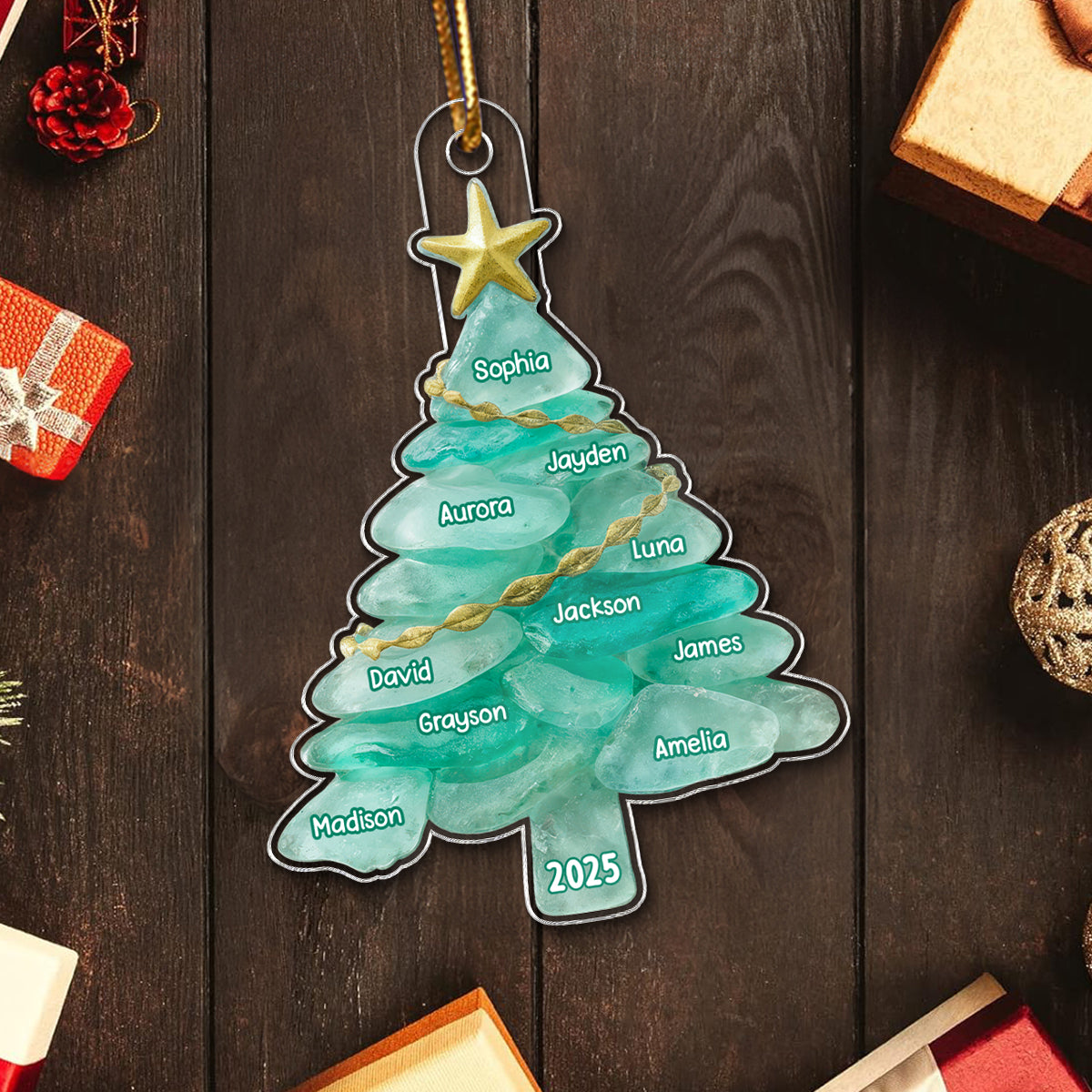 3D Sea Glass Effect Christmas Tree Family Member Name - Personalized Acrylic Ornament - Coastal Vibe Christmas Gift