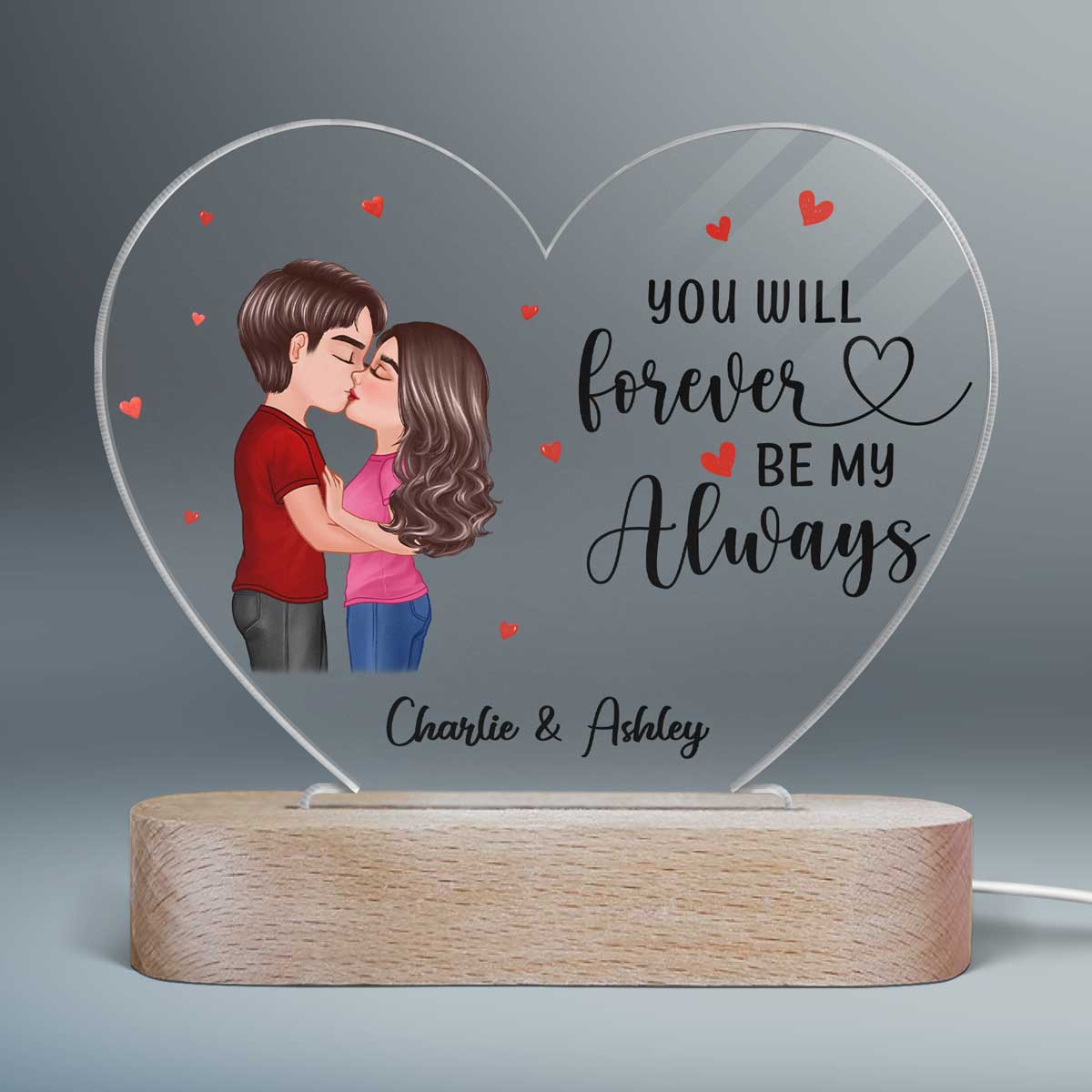 Doll Couple Kissing Gift For Him For Her Personalized Acrylic Heart Plaque LED Lamp Night Light