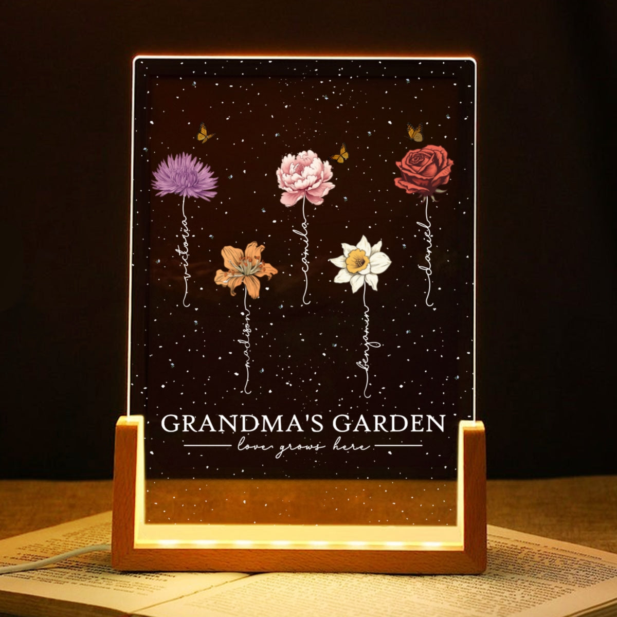Grandma's Garden Love Grows Here Birthmonth Flowers Personalized U-Base Acrylic LED Night Light, Grandkids Names Floral Gift