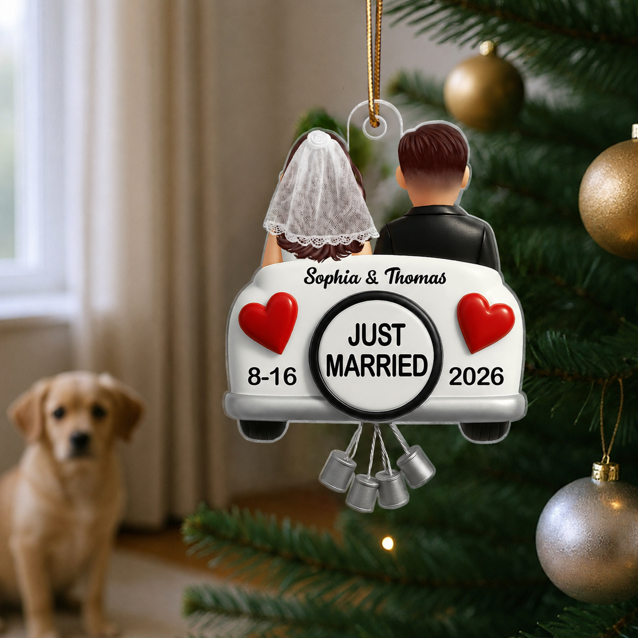 3D Effect Just Married Couple First Christmas Married Personalized Flat Acrylic Ornament, Gift For Newly Wedding Couple
