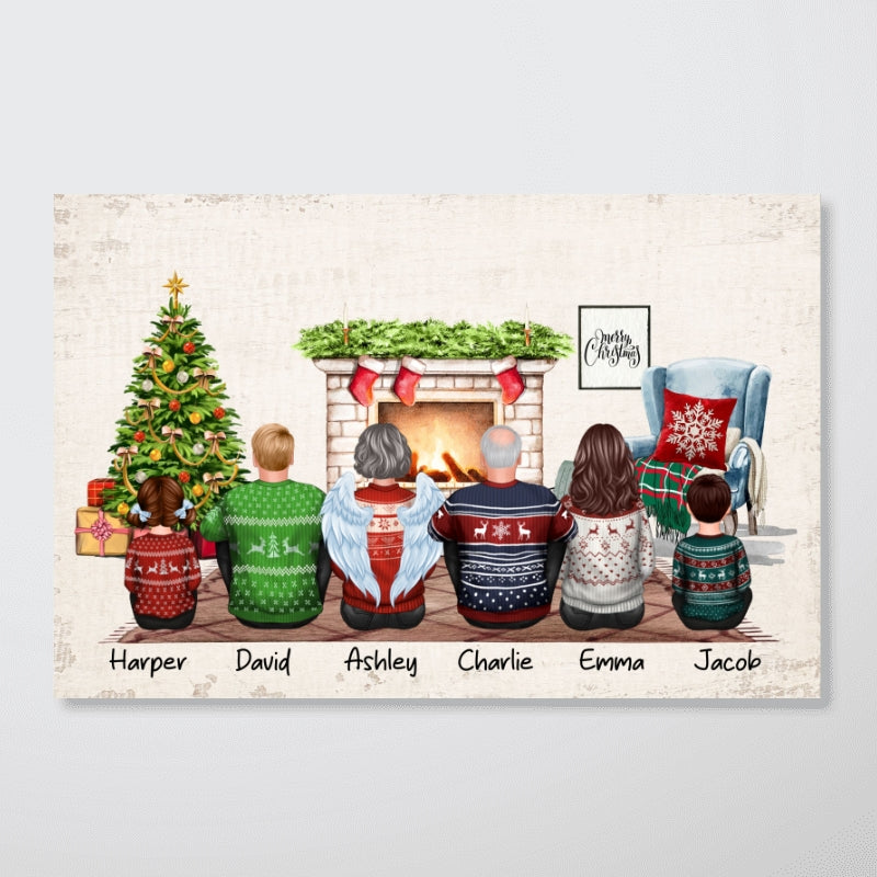 Christmas Family Back View Sitting Together At Fireplace Personalized Poster