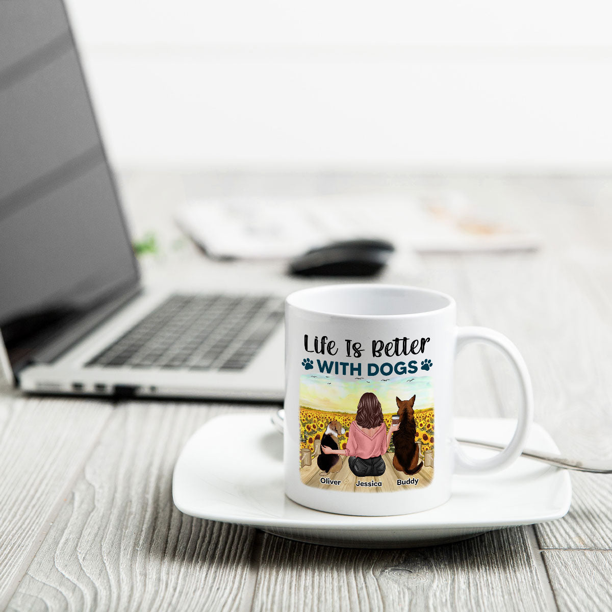 Girl & Dogs Bond Can‘t Be Broken Sunflower Field Personalized Mug