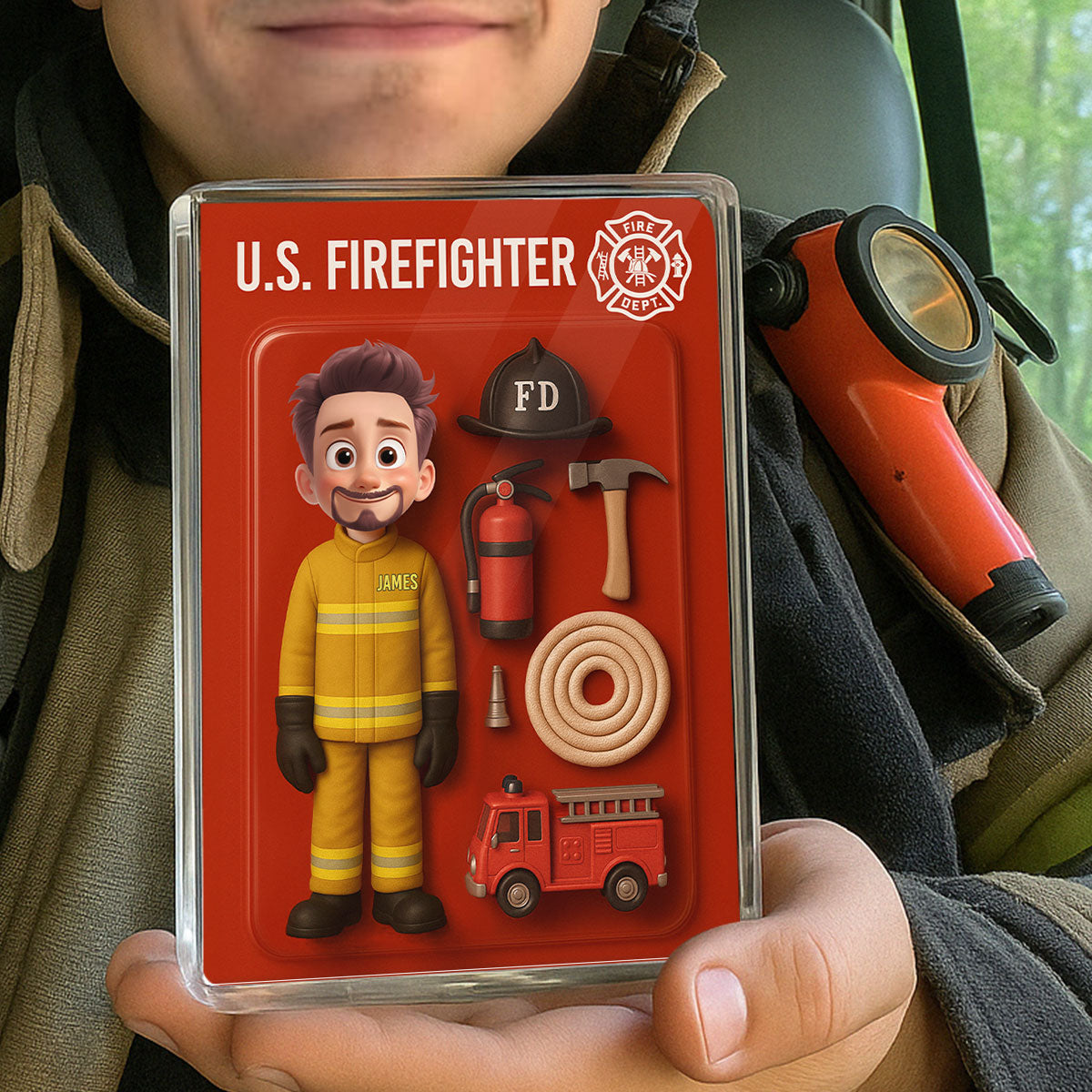 3D Effect Cartoon Funny Style Firefighter Custom Figure Personalized Flat Rectangle Acrylic Block
