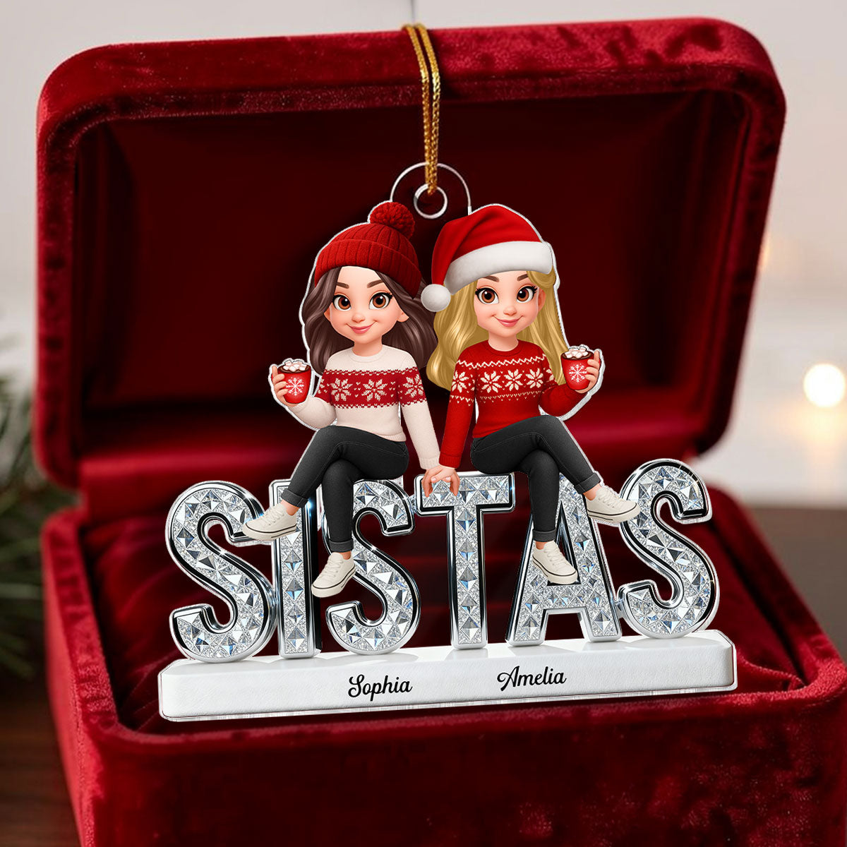 3D Shining Effect Sistas - Personalized Acrylic Car Hanger - Christmas Gift For Sisters