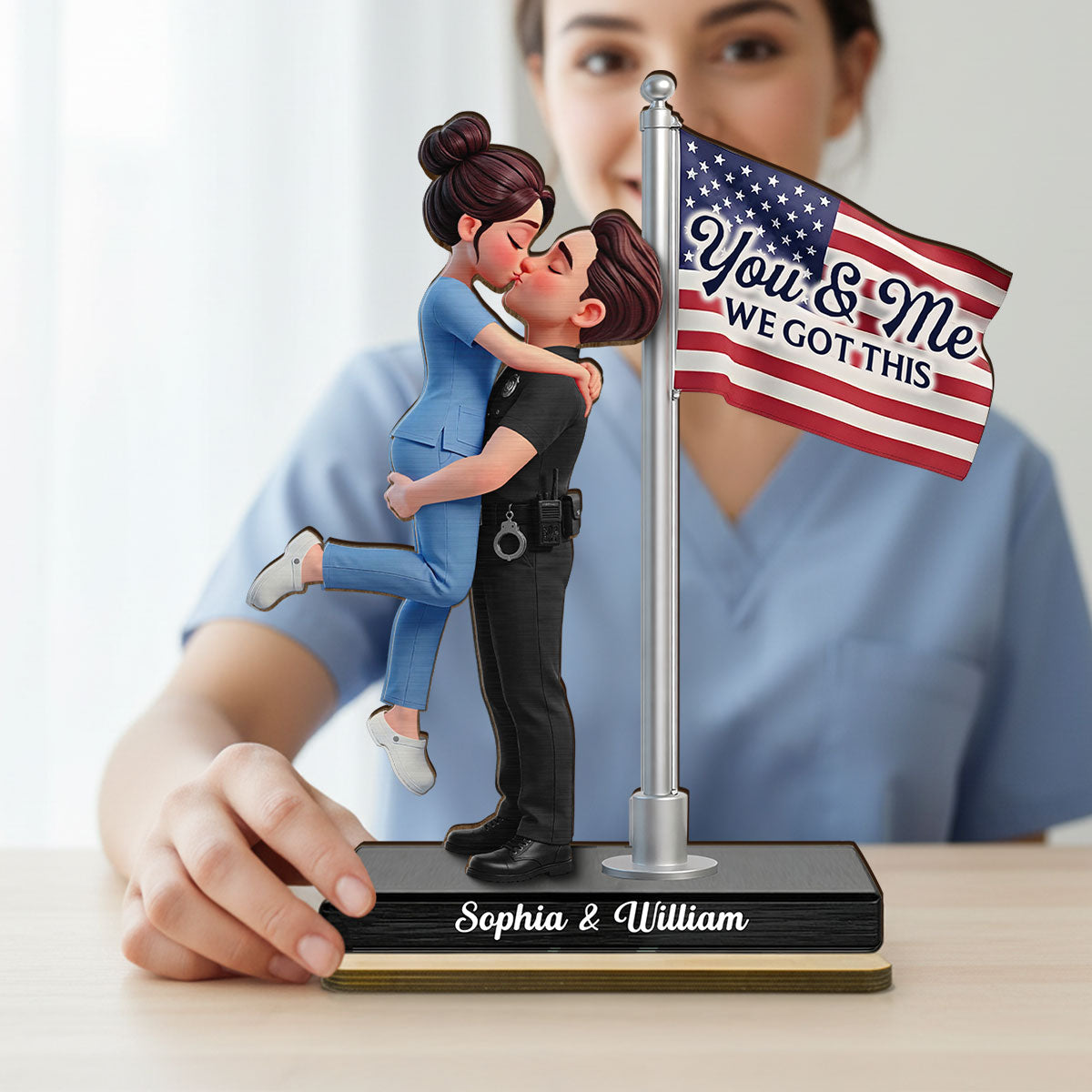 Proud Hero Couple Nation Flag - Personalized 2-Layered Wooden Plaque - Heartfelt Gift For Couple, For Him, For Her, Nurse, Police, Firefighter, Army