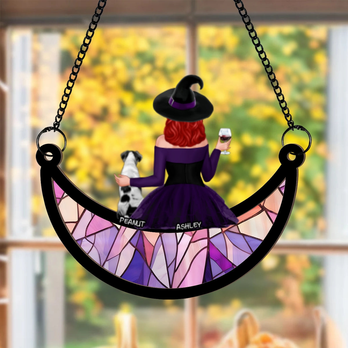 Crazy Dog Witch On Moon Personalized Window Hanger Suncatcher, Halloween Decor